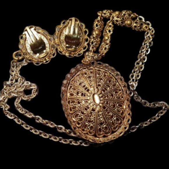 West German Transferware Floral Set Necklace Ring Earrings - Picture 5 of 6